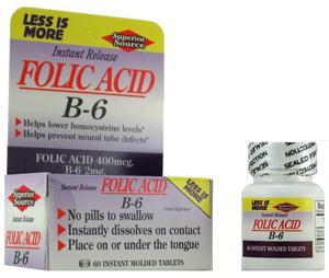 Folic Acid 400mcg w/ Vitamin B6 (No Shot, Quick Release, 60 Instant Dissolve Mini Tabs) Superior Source