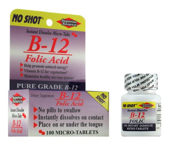 Vitamin B12 1000 mcg w/ Folic Acid 400mcg (No Shot, Quick Release, 100 Instant Dissolve Mini Tabs) Superior Source