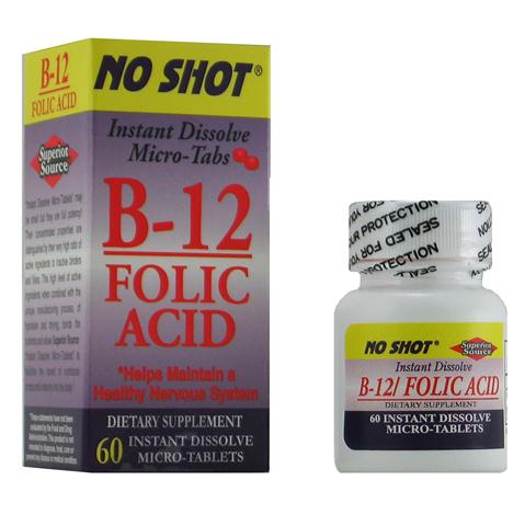 Vitamin B12 1000 mcg w/ Folic Acid 400 mcg (No Shot, Quick Release, 60 Instant Dissolve Mini Tabs) Superior Source