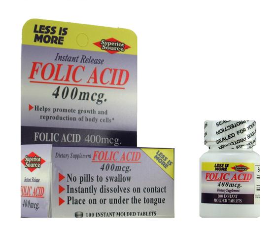 Folic Acid 400mcg (No Shot, Quick Release, 100 Instant Dissolve Mini Tabs) Superior Source