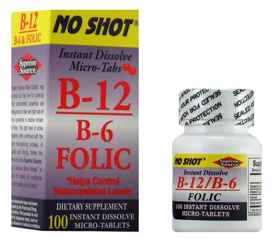Vitamin B12 w/ B6 & Folic Acid (No Shot, Quick Release, 100 Instant Dissolve Mini Tabs) Superior Source