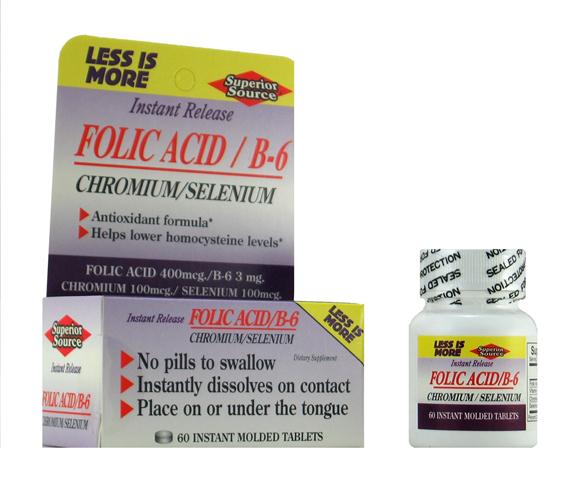 Folic Acid w/ Vitamin B6 Chromium Picolinate & Selenium (No Shot, Quick Release, 60 Instant Dissolve Mini Tabs) Superior Source