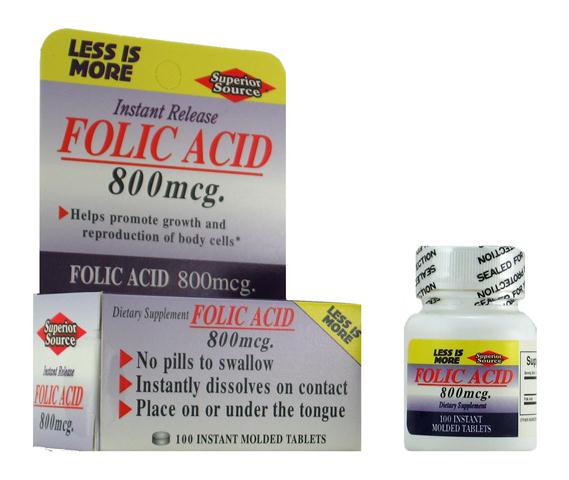 Folic Acid 800 mcg (No Shot, Quick Release, 100 Instant Dissolve Mini Tabs) Superior Source