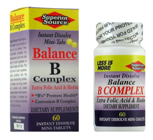 Balance Vitamin B Complex w/ Extra Folic Acid & Biotin (No Shot, Quick Release, 60 Instant Dissolve Mini Tabs) Superior Source