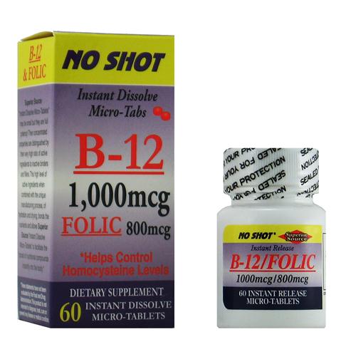 B12 1000 mcg w/ Folic Acid 800 mcg (No Shot, Quick Release, 60 Instant Dissolve Mini Tabs) Superior Source