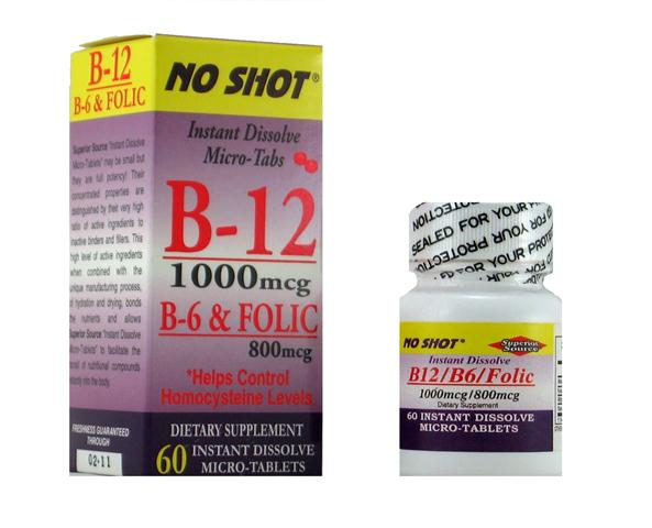 B12 1000 mcg w/ B6 2mg & Folic Acid 800 mcg (No Shot, Quick Release, 60 Instant Dissolve Mini Tabs) Superior Source