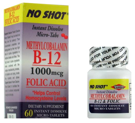 Methylcobalamin Vitamin B12 w/ Folic Acid (No Shot, Quick Release, 60 Instant Dissolve Mini Tabs) Superior Source