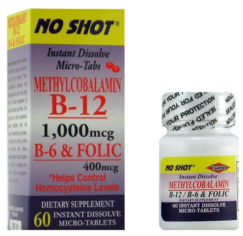 Methylcobalamin w/ Vitamin B12 B6 & Folic Acid (No Shot, Quick Release, 60 Instant Dissolve Mini Tabs) Superior Source
