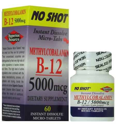 Methylcobalamin Vitamin B12 5000 mcg (No Shot, Quick Release, 60 Instant Dissolve Mini Tabs) Superior Source