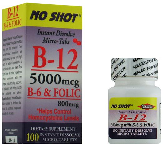 Vitamin B12 5000 mcg w/ B6 & Folic Acid 800 mcg (No Shot, Quick Release, 100 Instant Dissolve Mini Tabs) Superior Source