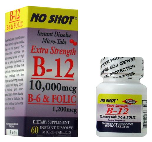 Vitamin B12 10,000 mcg w/ B-6 & Folic Acid 1200 mcg (No Shot, Quick Release, 60 Instant Dissolve Mini Tabs) Superior Source