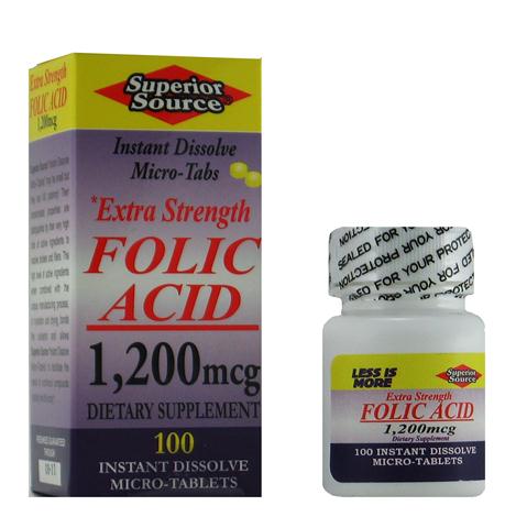 Extra Strength Folic Acid 1200 mcg (No Shot, Quick Release, 100 Instant Dissolve Mini Tabs) Superior Source
