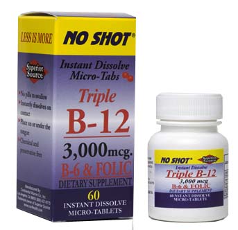 NO SHOT® Triple B12 with B6 & Folic Acid (3000 mcg- 60 tablets) Superior Source